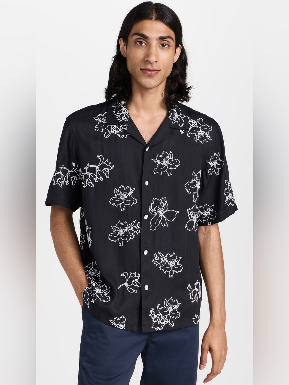 Rag & Bone Black Avery Resort Embroidered Short Sleeve Shirt L